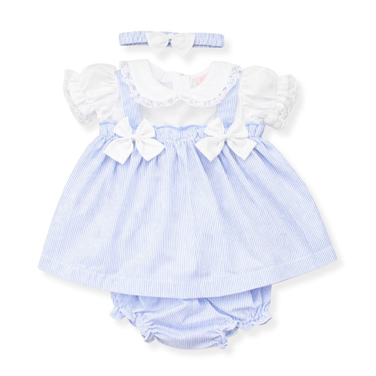 Baby girl's blue and white striped dress with matching bloomers on a white background