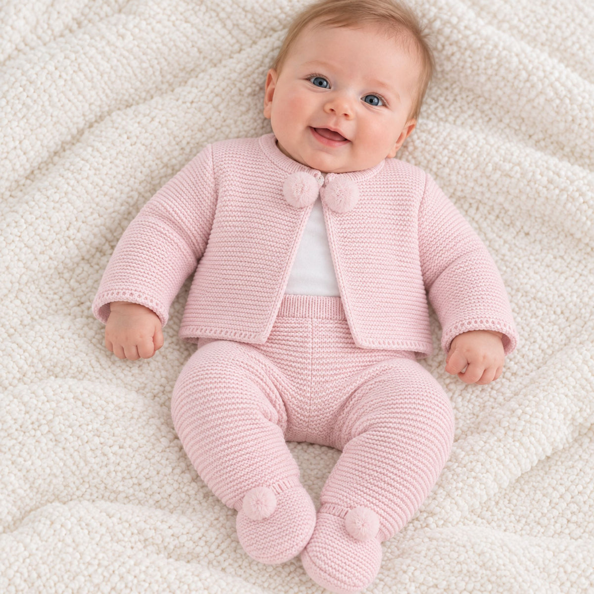 baby girl 2 piece knitted pram suit outfit by dandelion in pink