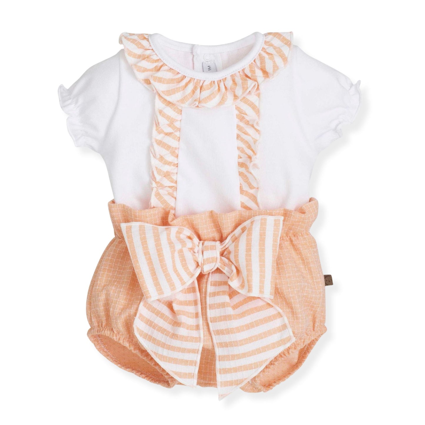 Baby romper with white top and peach striped bloomers on a white background