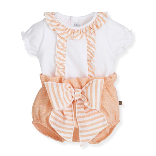 Baby romper with white top and peach striped bloomers on a white background