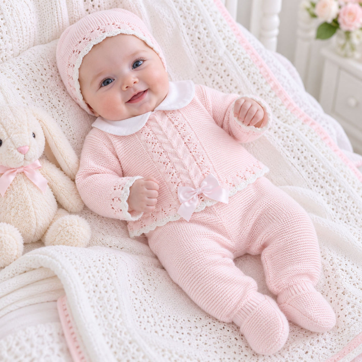 Newborn Baby Knitted Outfit with Hat – Pink Cable Knit (0–3 Months) Made in Portugal