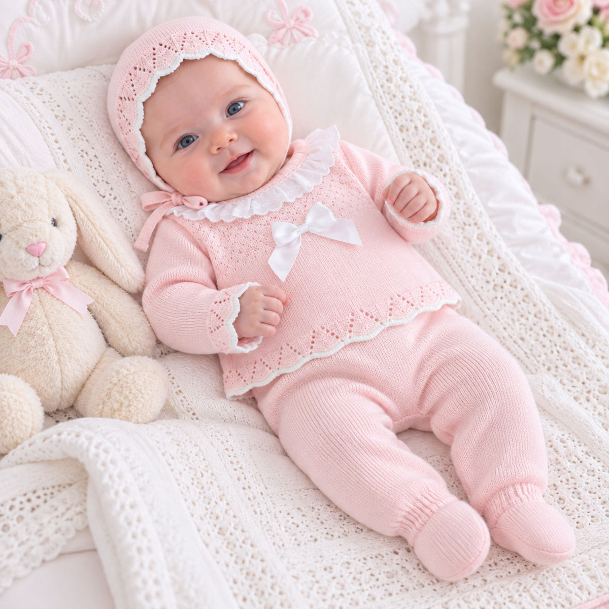 Newborn Baby Knitted Outfit with Bonnet – Soft Pink (0–3 Months) Made in Portugal