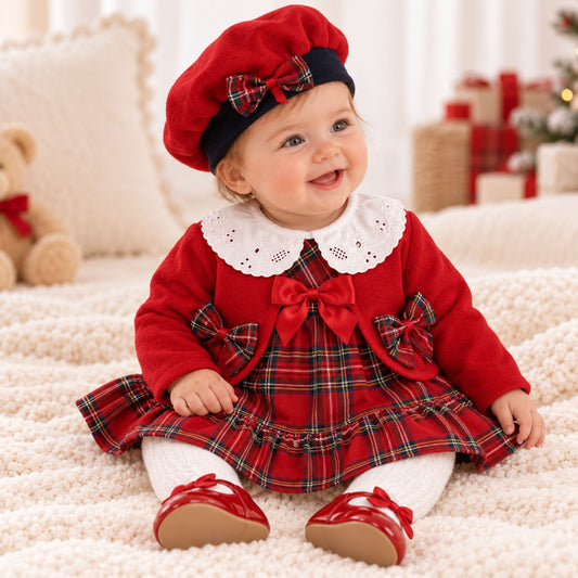 baby girl christmas outfit, red tartan dress, jacket and hat