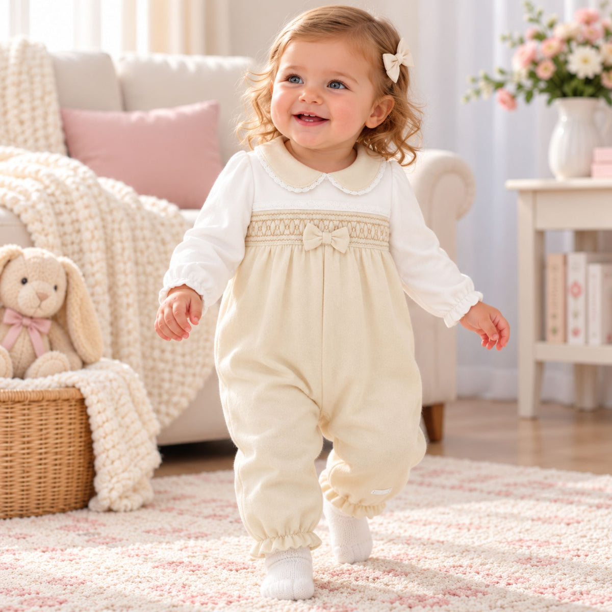baby girl in beige one piece romper by amore