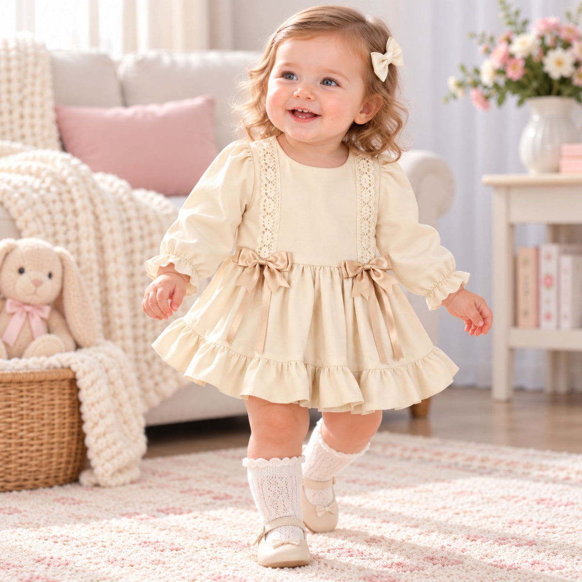 A toddler girl wearing a cream-colored long-sleeve babydoll dress with lace shoulder straps and bow details, walking in a cozy, softly-lit nursery setting.