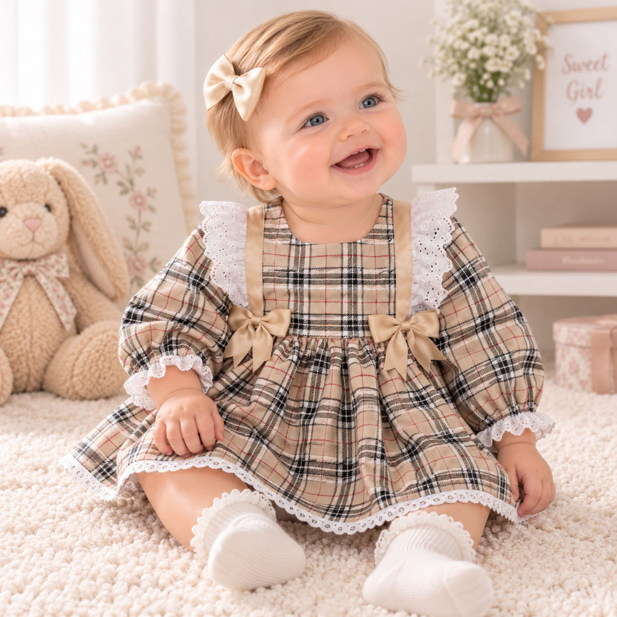 Beige Check Baby & Toddler Dress with Satin Bows and Lace Trim