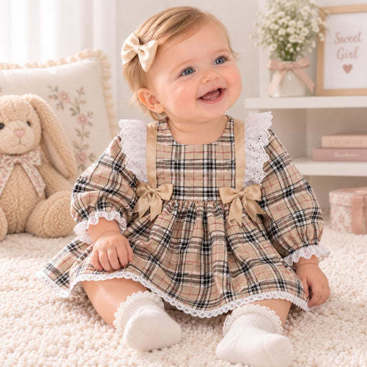 Beige Check Baby & Toddler Dress with Satin Bows and Lace Trim