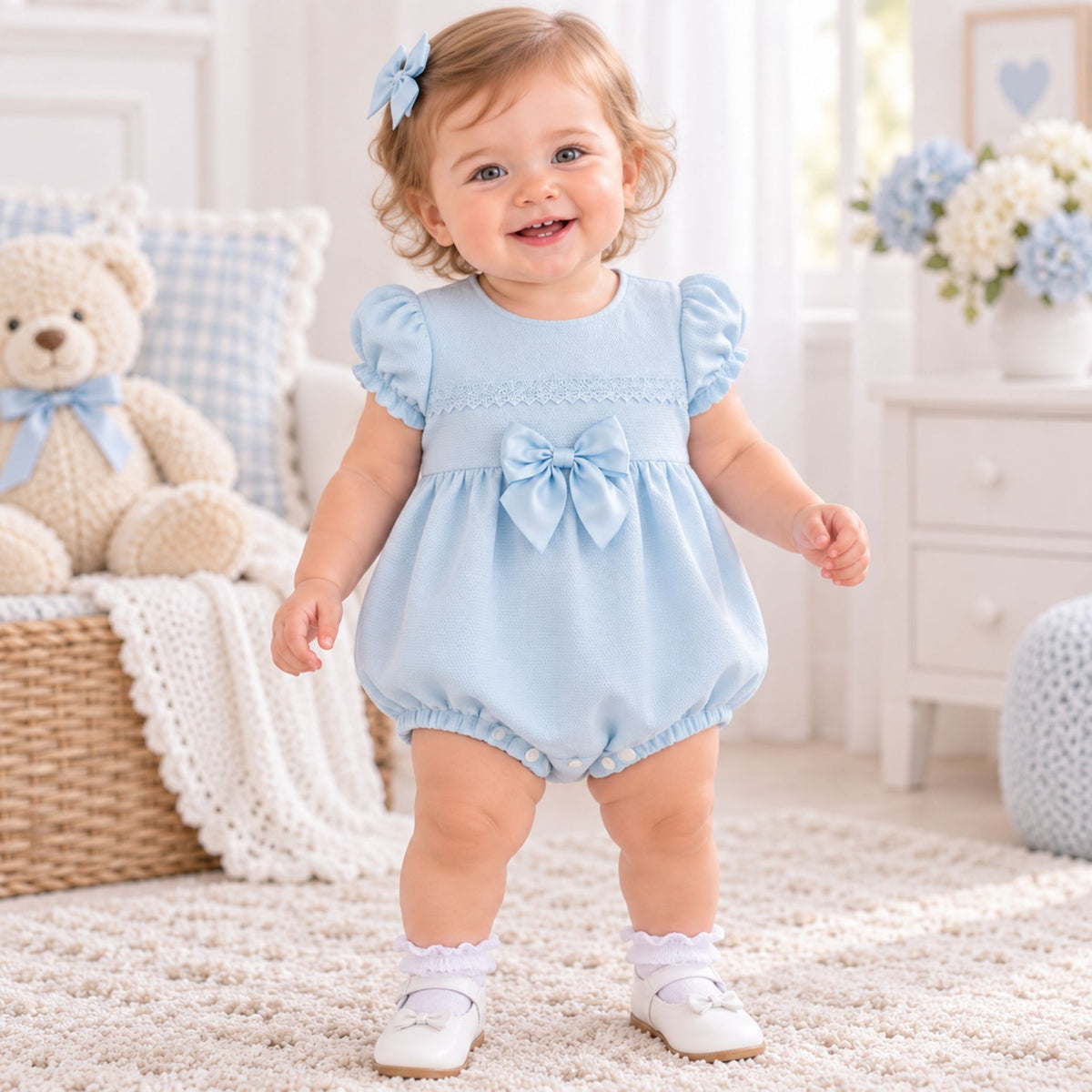 Kleo Kids Blue Baby Romper with Frill Sleeve and Bow