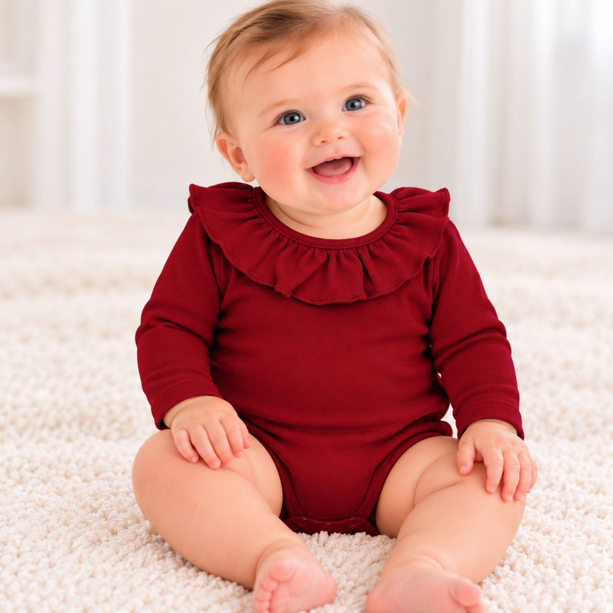 Baby Red Long Sleeve Bodysuit with Ruffle Collar – Calamaro