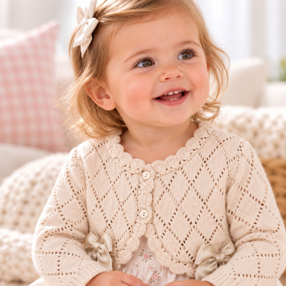 Baby Girls Beige Bolero Cardigan with Two Bows