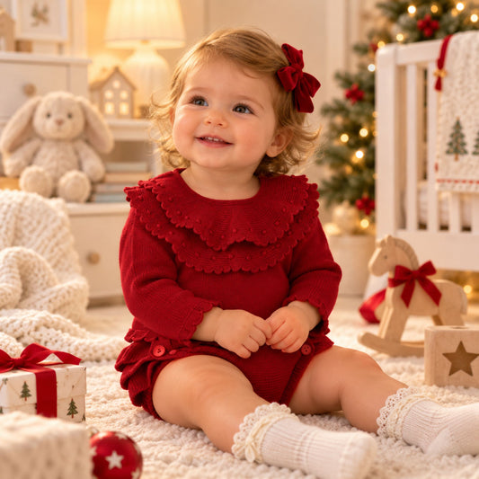 Baby Girls Red Knitted Top & Body Set with Scalloped Collar