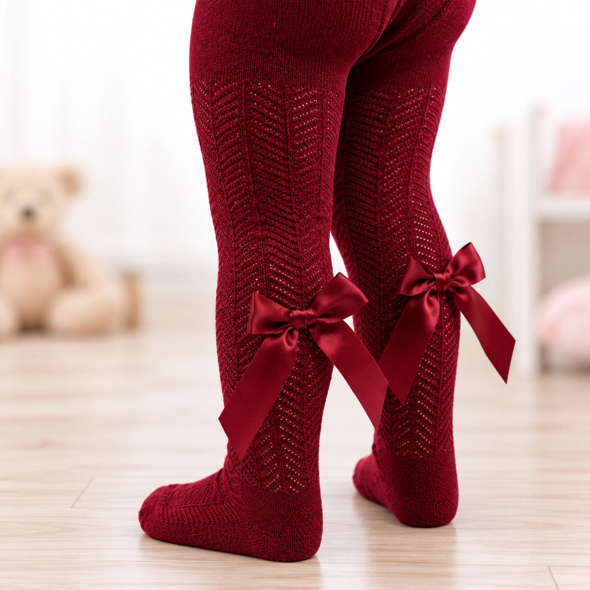Baby Girls Burgundy Tights with Satin Bow