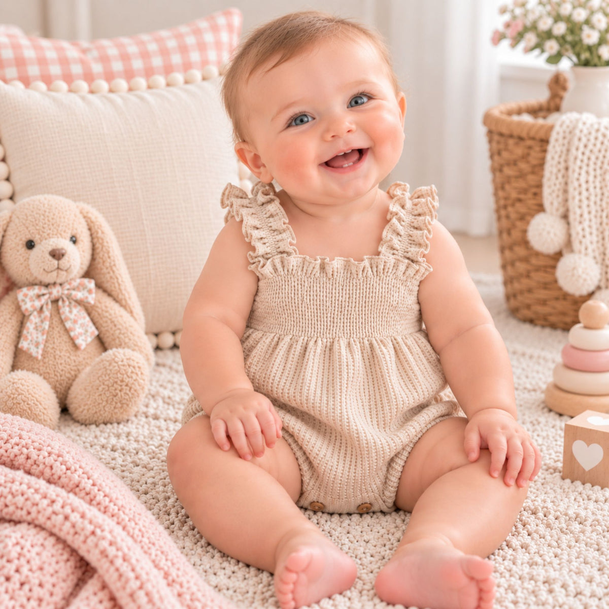A baby sitting on a cream knit blanket in a cozy nursery setting, wearing a beige smocked romper with ruffled shoulder straps. The scene includes a plush bunny toy, a pink knit blanket, and wooden stacking toys.