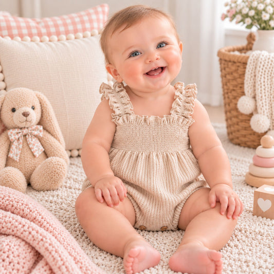 A baby sitting on a cream knit blanket in a cozy nursery setting, wearing a beige smocked romper with ruffled shoulder straps. The scene includes a plush bunny toy, a pink knit blanket, and wooden stacking toys.