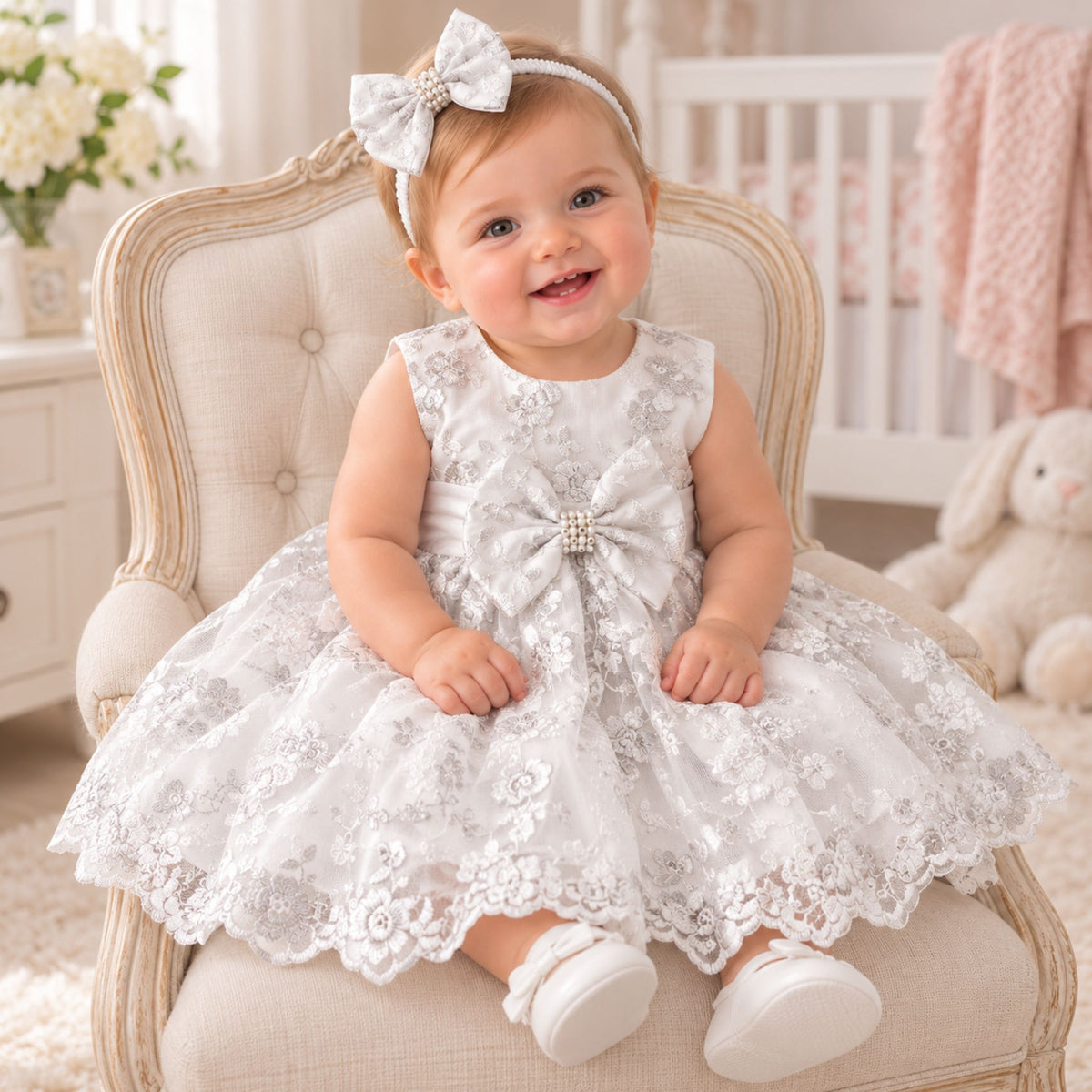 A baby girl wearing a sleeveless white lace dress with a large bow at the chest and a matching bow headband, sitting on a cream upholstered armchair in a softly lit nursery.