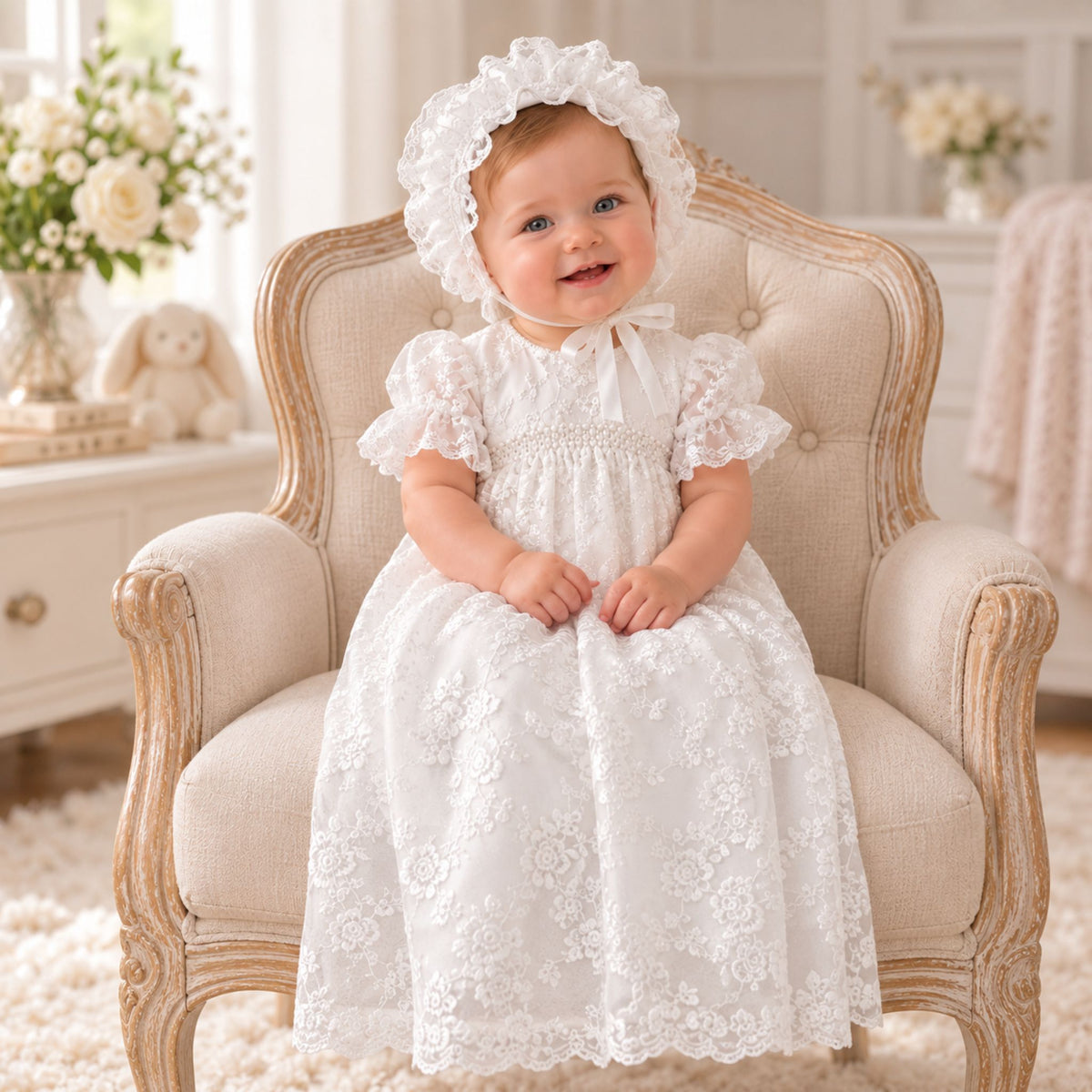 Baby Girls White Long Christening Gown Baptism Dress with Bonnet