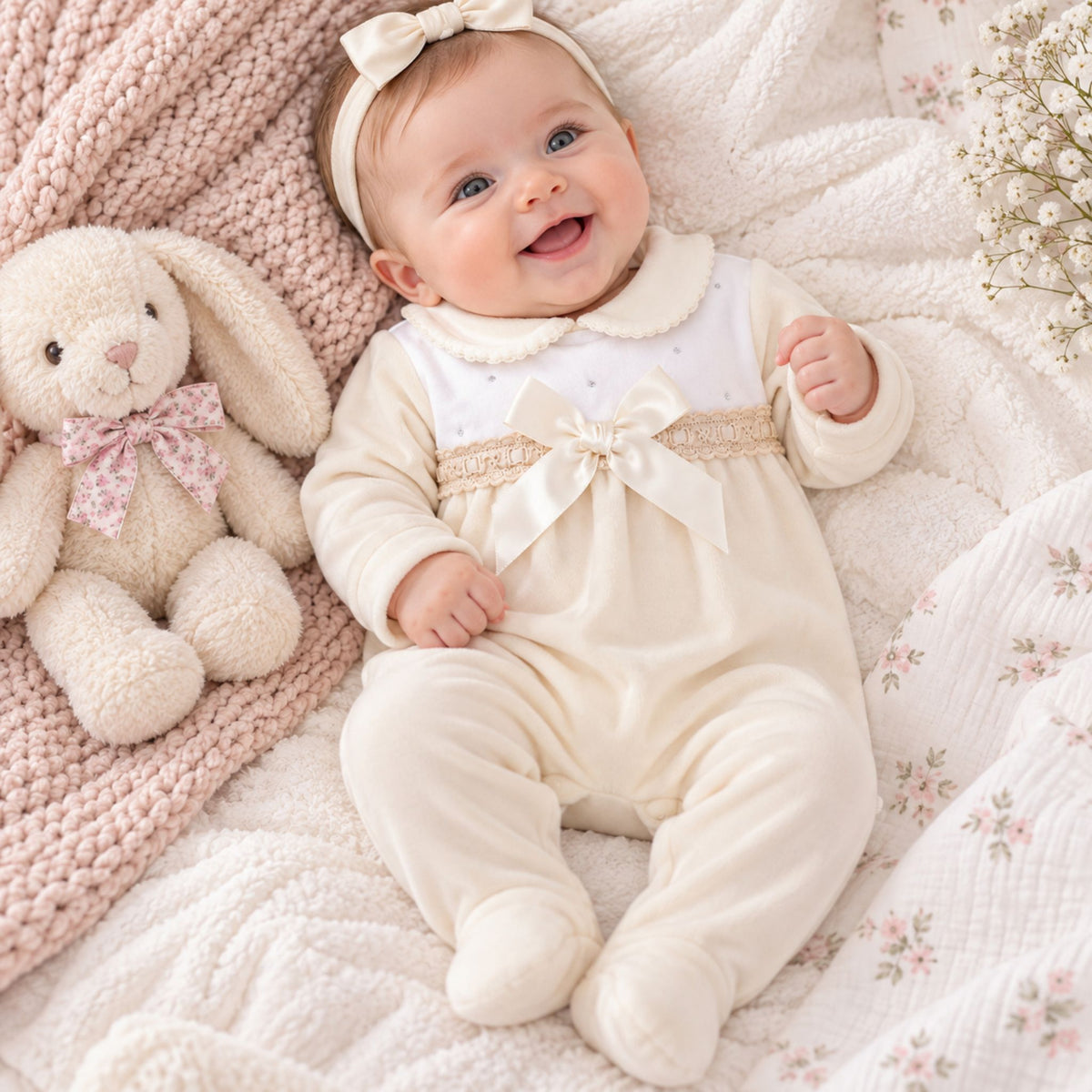 baby girl cream sleepsuit