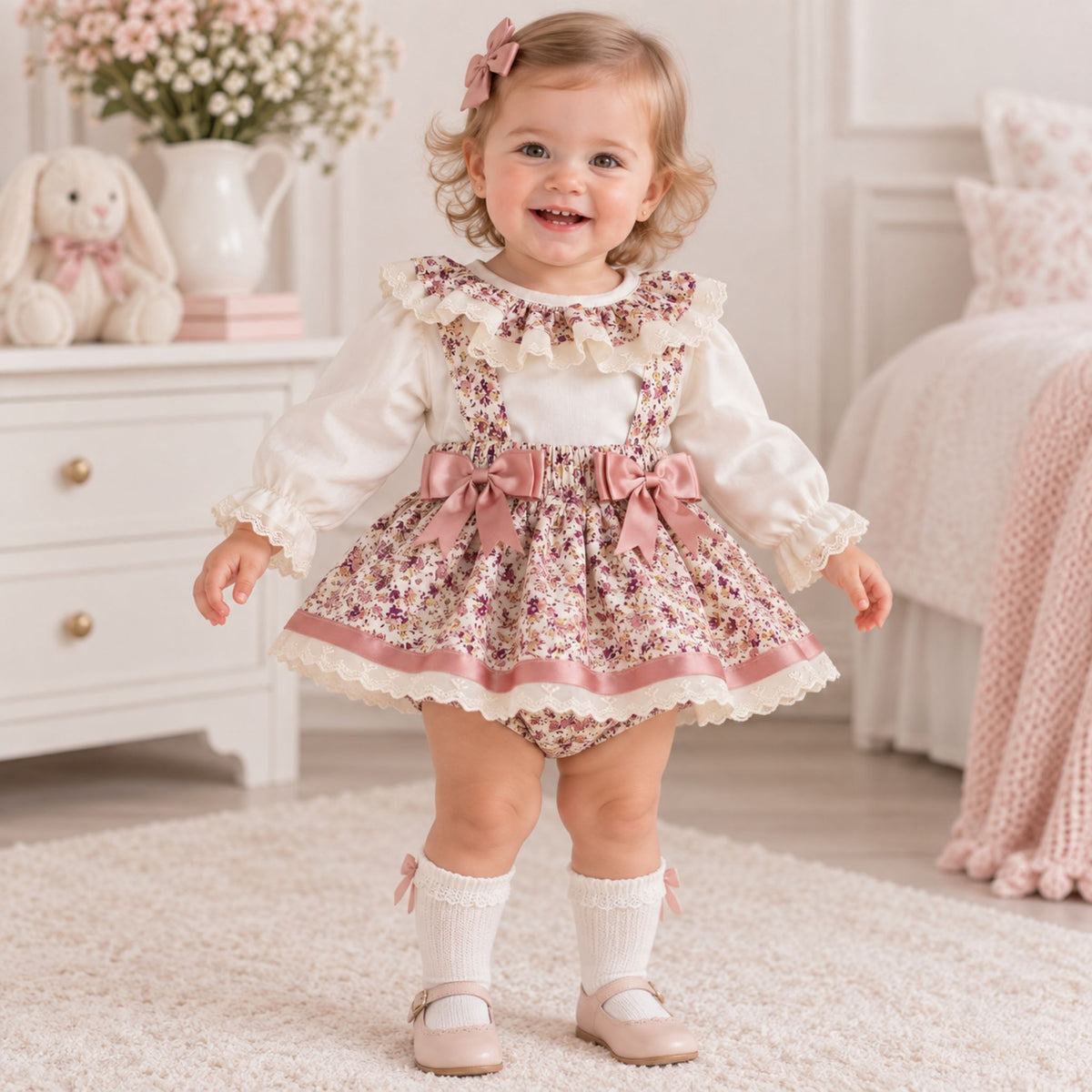 A toddler girl stands in a softly styled nursery wearing a floral baby romper dress over a white long-sleeve blouse. The dress has pink bows, a pink ruffled trim, and a cream lace hem.