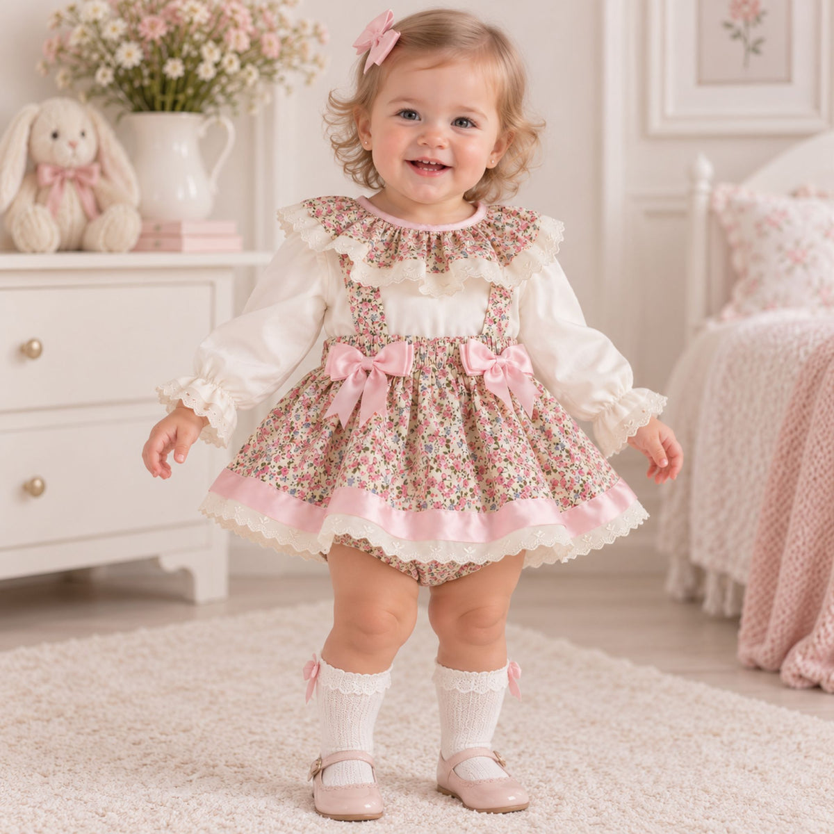 A toddler girl stands in a softly lit nursery wearing a floral baby dress with a white long-sleeve blouse underneath, pink bows, and lace trim. The room includes a white dresser, bunny plush, flowers, and a pink bed.