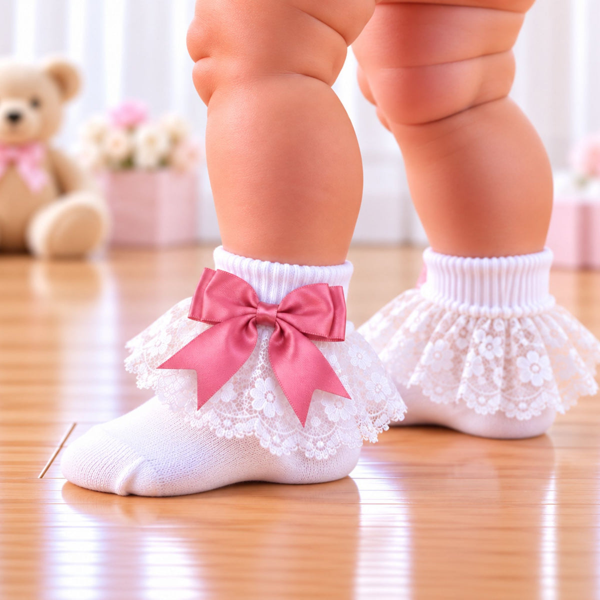 White baby socks with lace ruffles and pink bows, worn on a baby's feet on a wooden floor.