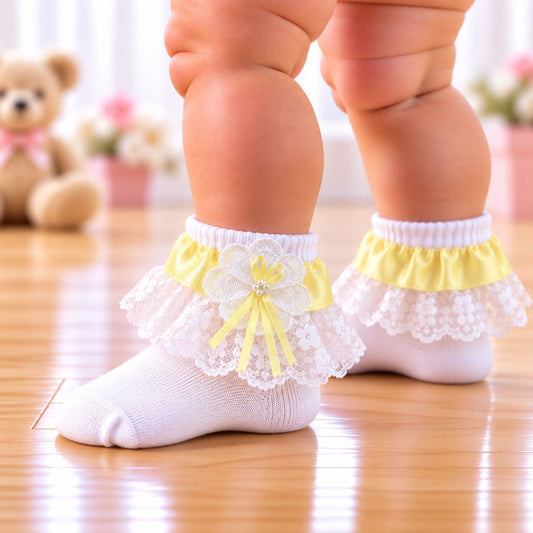 Baby Girl Fancy Lace Satin Yellow Bow White Ankle Socks