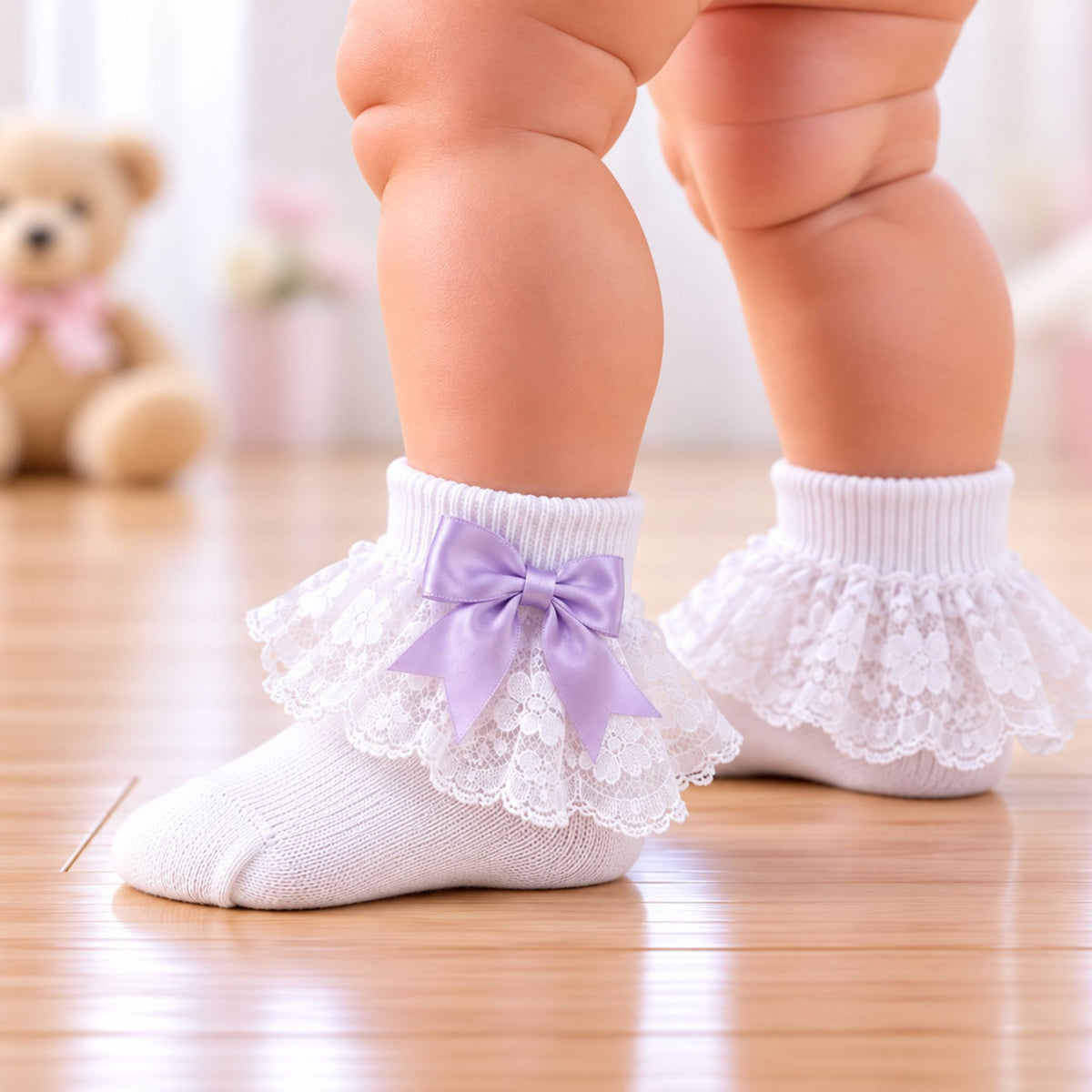 Fancy Baby Girl White Socks with Lilac Bow and Lace Trim
