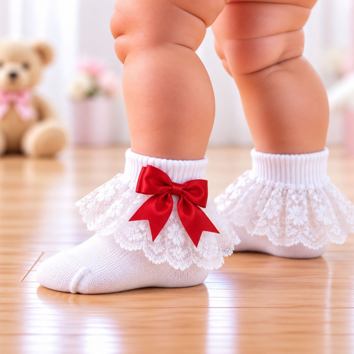 White lace baby socks with a red ribbon bow, worn on a baby's feet on a wooden floor.