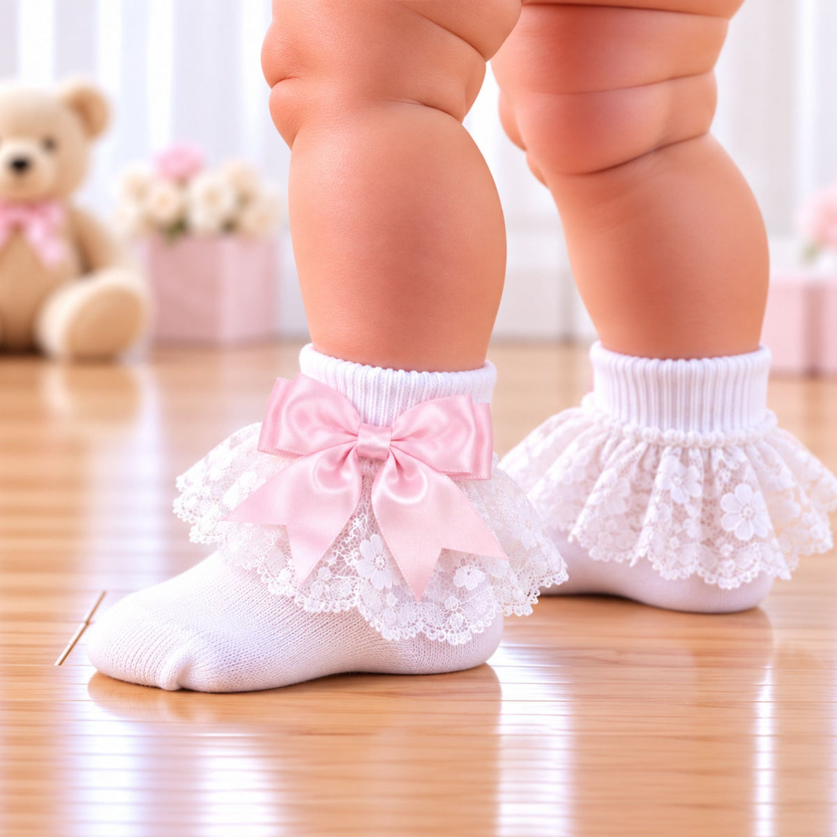 White baby socks with ruffled lace and a large pink satin bow, shown on a baby's feet in a softly lit indoor setting with a wooden floor and a teddy bear in the background.