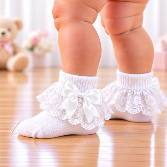 Baby Girl Socks With White Bows & Lace