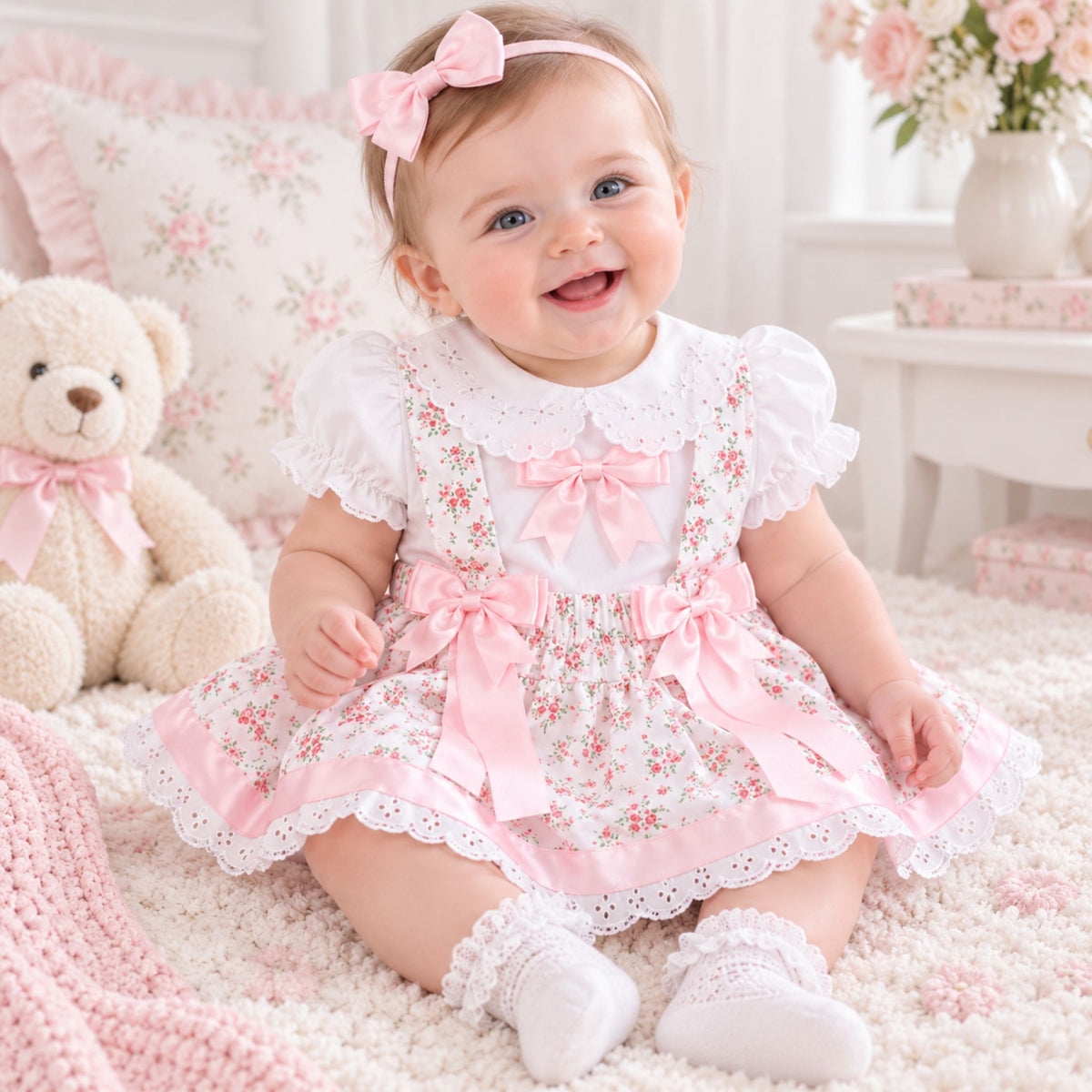A baby girl wearing a white and pink floral dress with ruffled sleeves, lace trim, and large pink bows, sitting on a fluffy cream rug in a soft pink nursery setting with a teddy bear and flowers in the background.