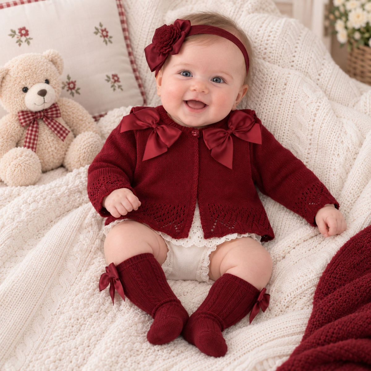 A baby wearing a burgundy knit cardigan with large bows, matching knee-high socks, and a headband, sitting on a white textured blanket next to a teddy bear.