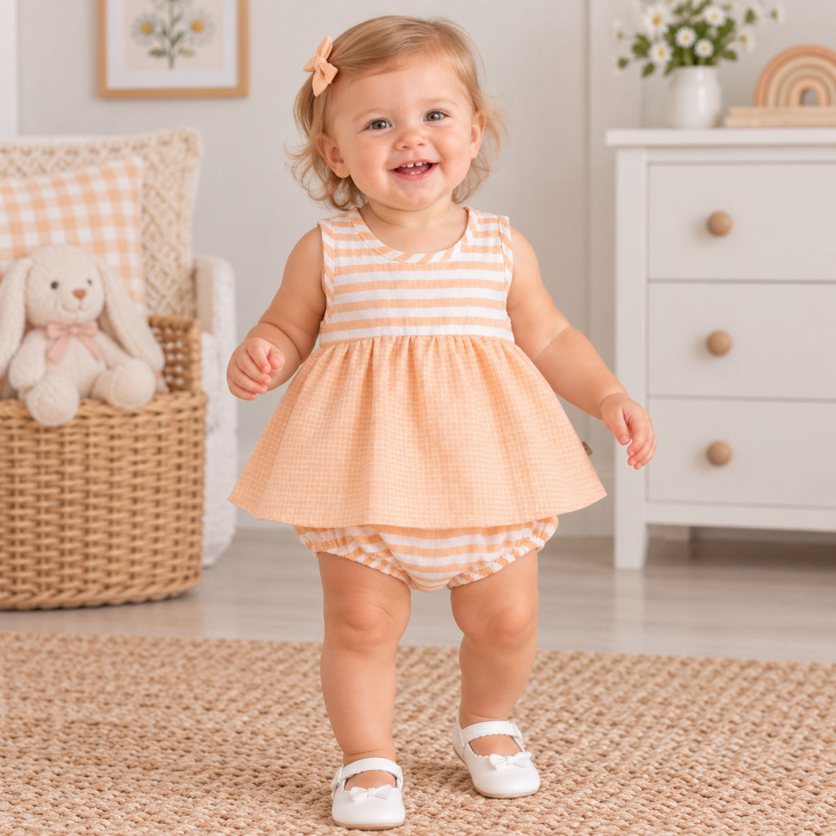 A smiling toddler girl wearing a peach and white gingham sleeveless dress with matching striped bloomers and white Mary Jane shoes, standing on a woven rug in a bright nursery setting.
