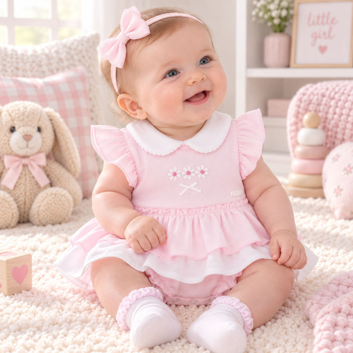 A baby girl sitting on a fluffy cream carpet in a cozy nursery, wearing a light pink ruffled dress with a white Peter Pan collar, a matching pink bow headband, and white socks.