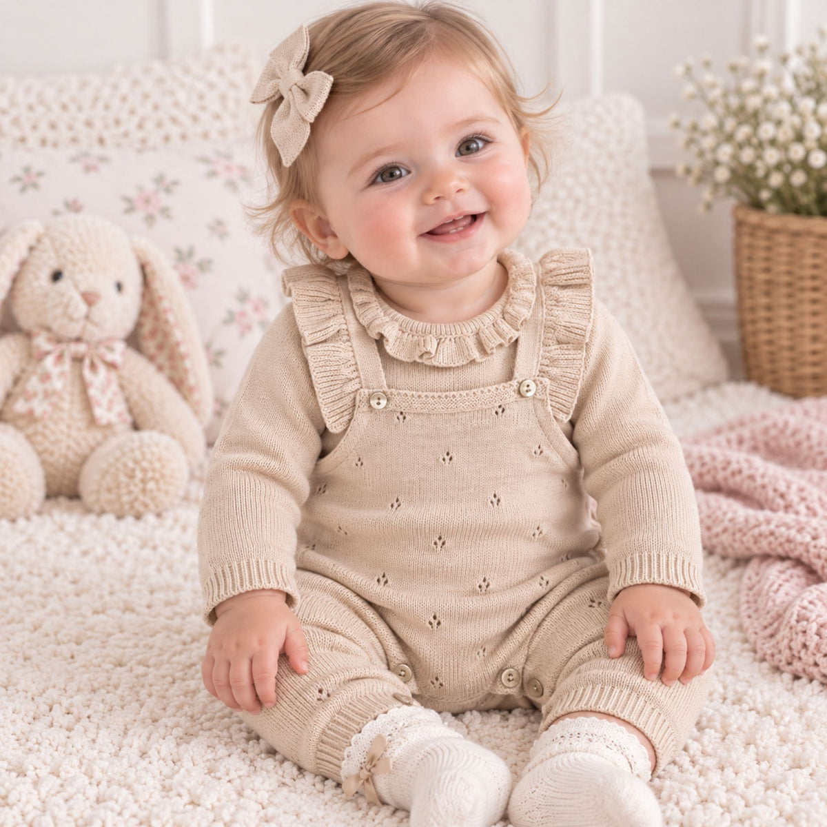baby girl in beige kniited 2 piece outfit