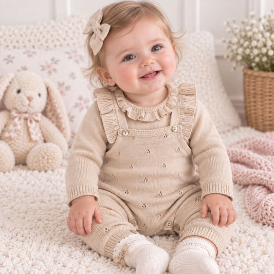 baby girl in beige kniited 2 piece outfit
