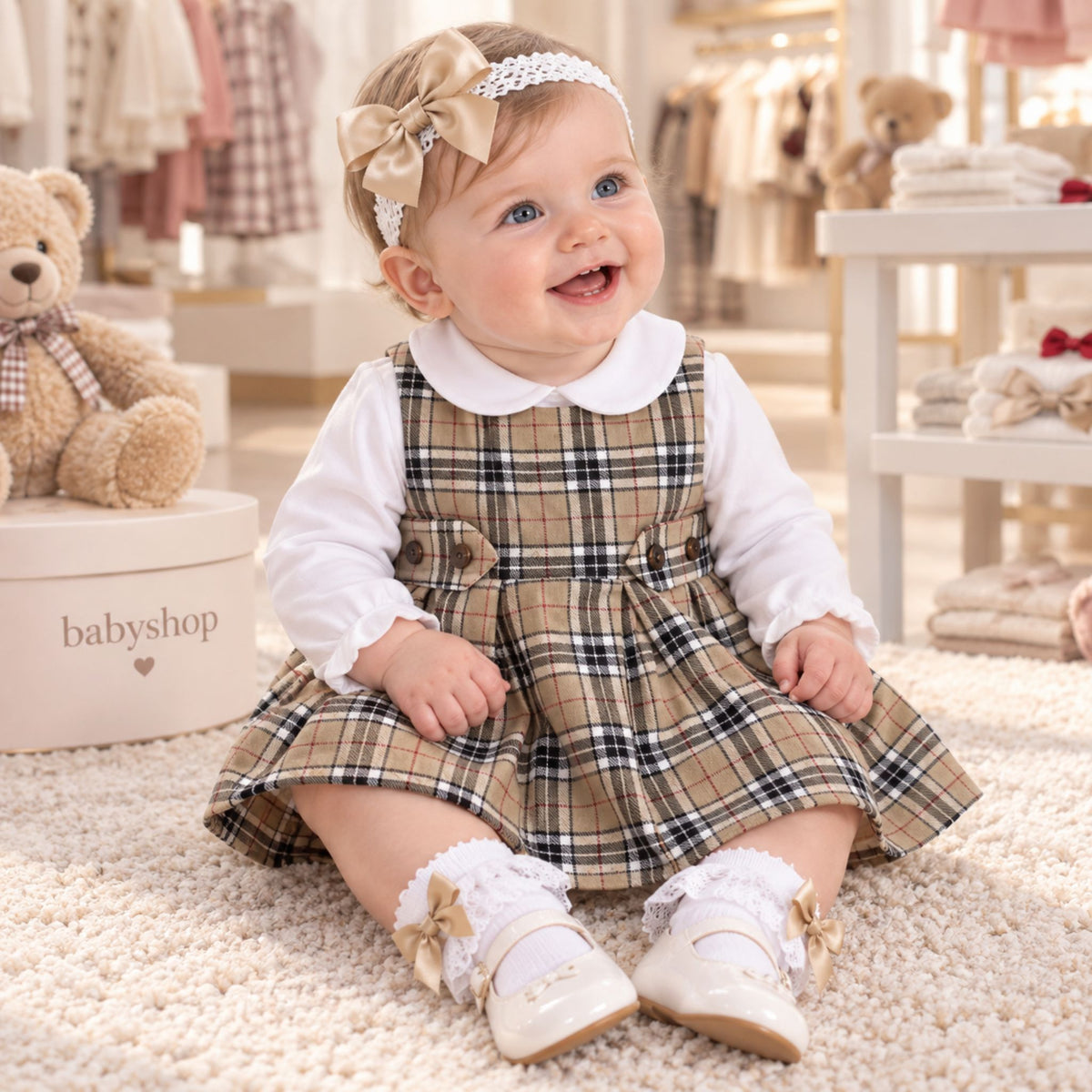 A baby girl sitting on a cream carpet in a boutique, wearing a beige and black plaid pinafore dress over a white long-sleeve shirt, with a matching beige bow headband. A teddy bear sits on a box to her left.