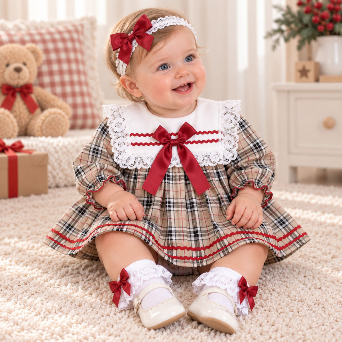 A baby girl wearing a Christmas-themed plaid dress with a white lace collar and red ribbon bow, sitting on a beige carpet in a cozy room.