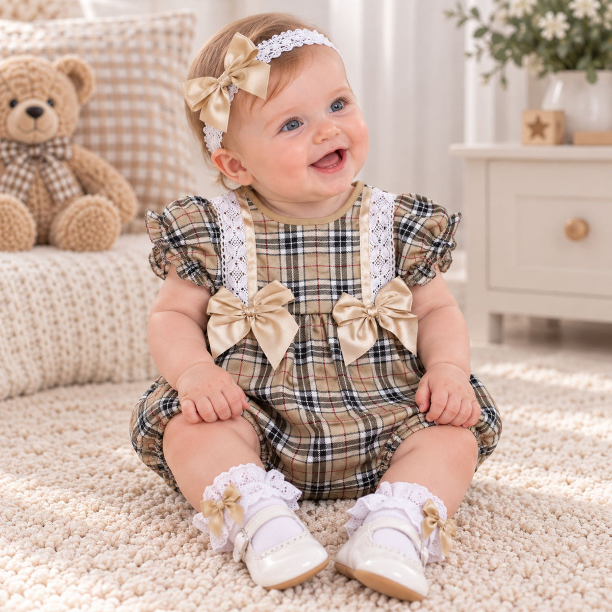 A baby girl sitting on a cream carpet wearing a beige and brown plaid romper with white lace trim, matching beige bow headband, and white lace-up baby shoes. A plush teddy bear and a white dresser are in the background.