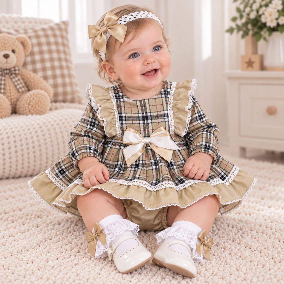 A baby girl sitting on a cream carpet in a cozy room, wearing a beige and black plaid long-sleeve dress with white lace trim, a matching headband with a bow, and white socks with bows.