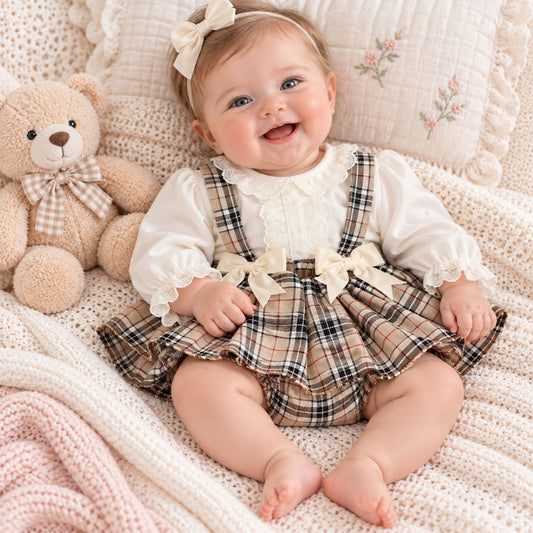 baby girl in beige tartan christmas two piece traditional outfit