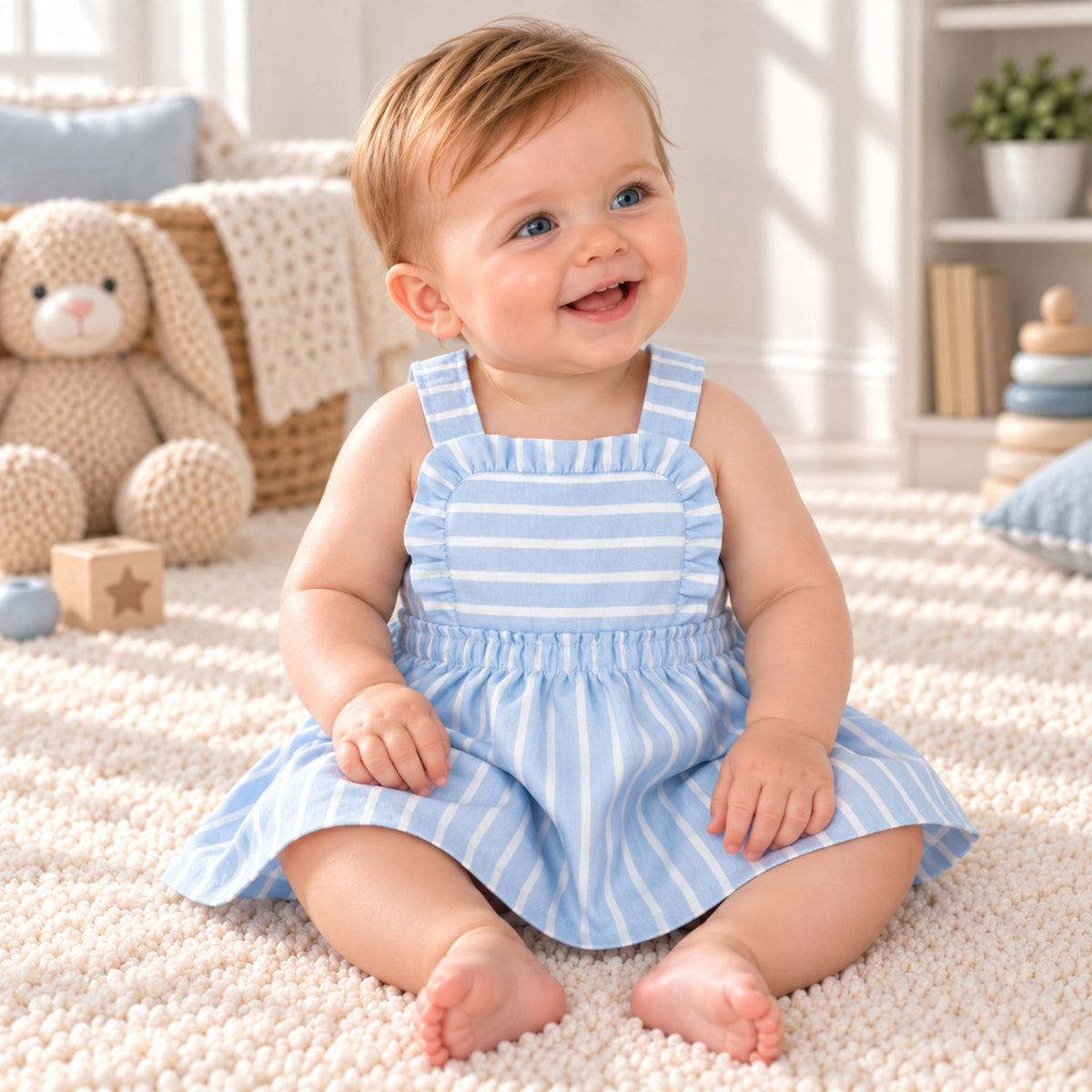 A baby girl sitting on a white textured rug in a bright, cozy nursery, wearing a light blue and white vertically striped sleeveless romper.