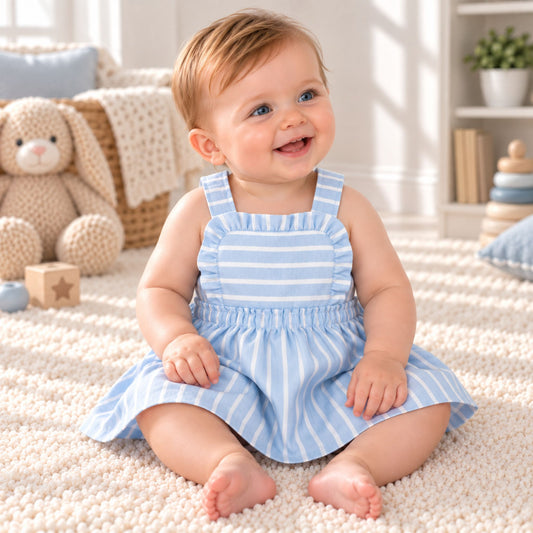A baby girl sitting on a white textured rug in a bright, cozy nursery, wearing a light blue and white vertically striped sleeveless romper.