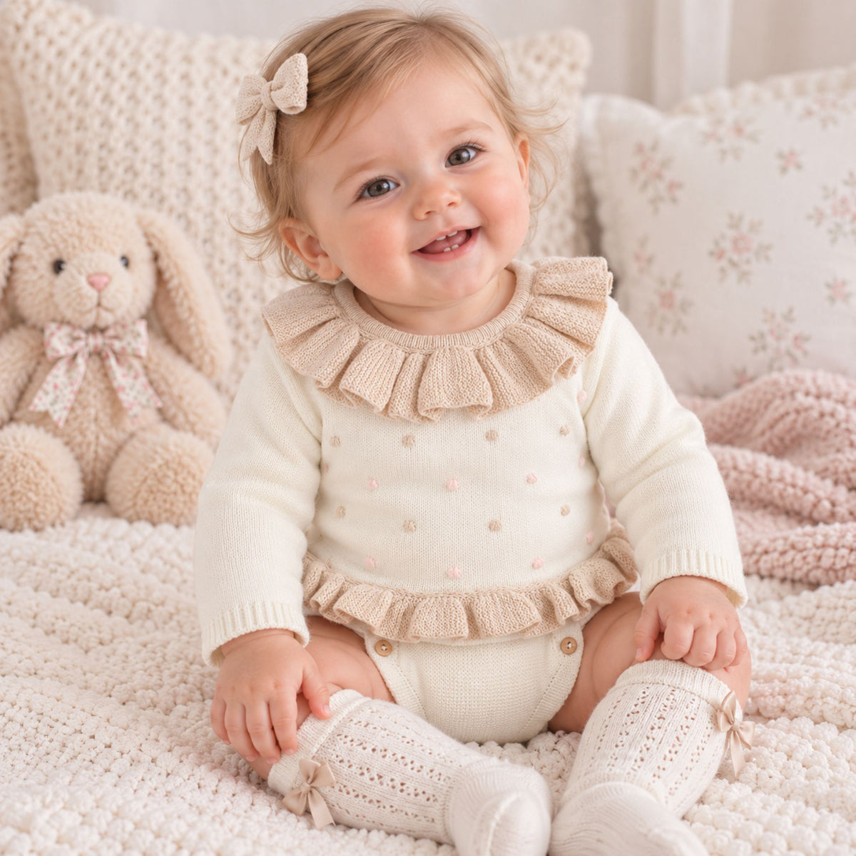 baby girl in cream knitted two piece outfit