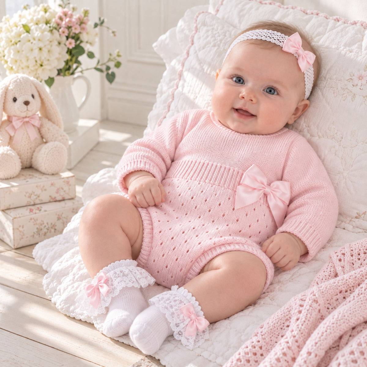 A baby wearing a pink knit romper with a bow, matching pink headband, and lace booties, sitting on a white quilted blanket next to a plush bunny toy.