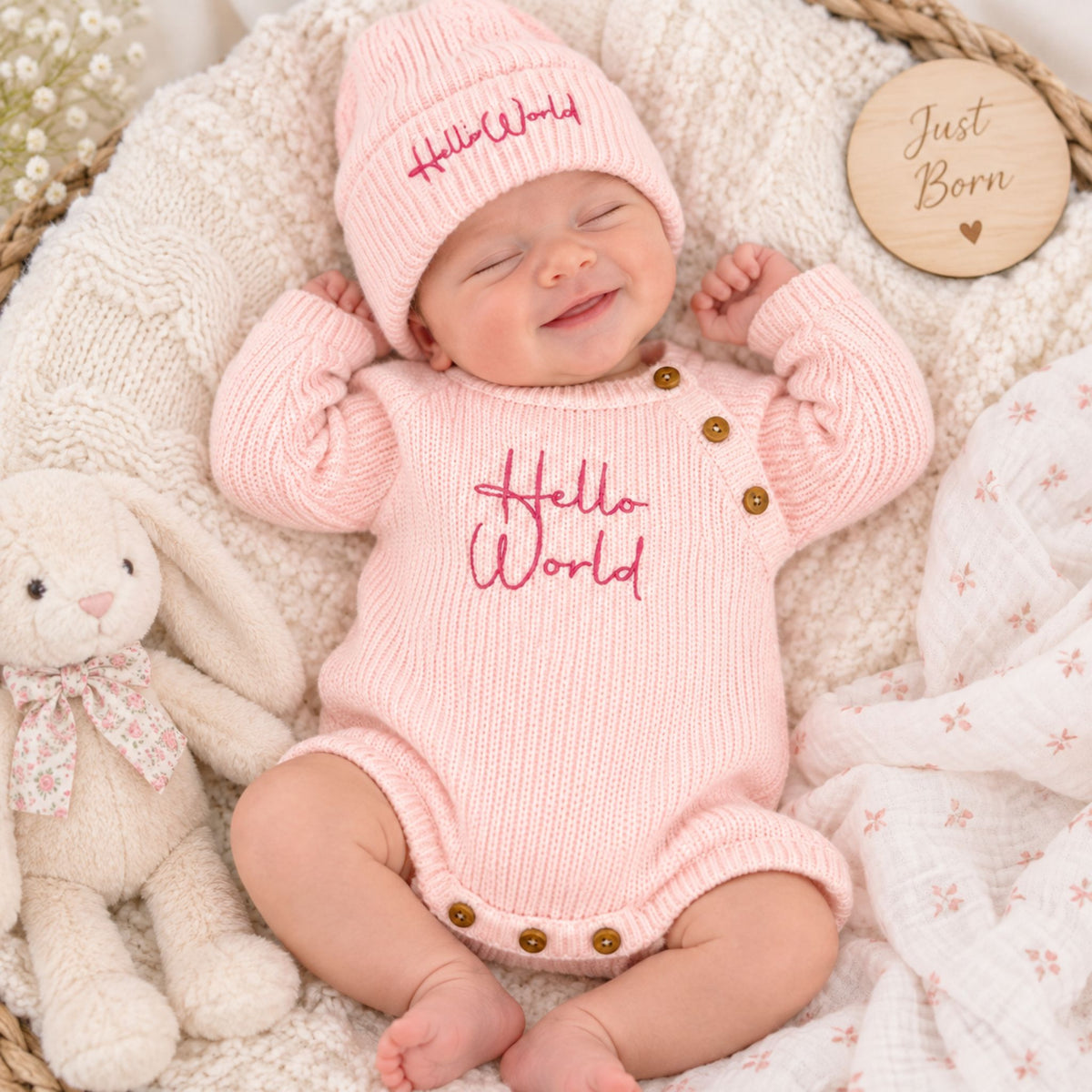 baby girl in pink hello world knitted romper with hat