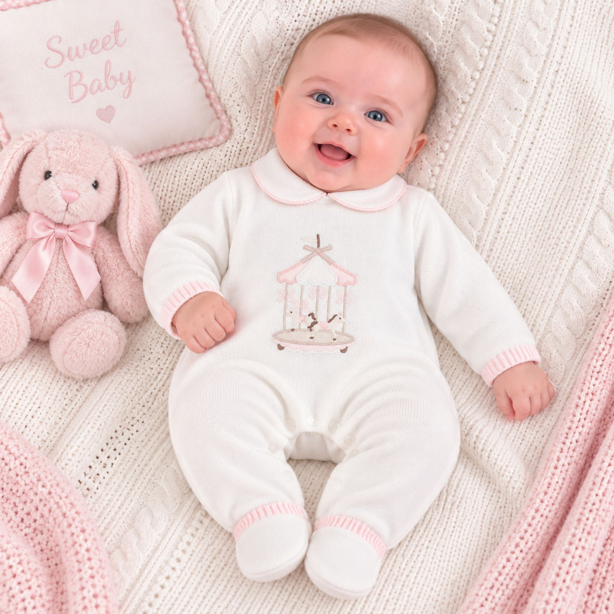 A baby lying on a cream knit blanket next to a pink plush bunny and a decorative pillow, wearing a white footed onesie with a pink giraffe-and-carousel print on the chest.