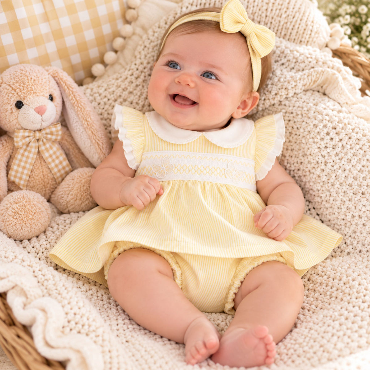 A smiling baby wearing a pale yellow ribbed dress with a white Peter Pan collar, a matching yellow bow headband, and cream bloomers, sitting in a wicker basket on a cream knit blanket next to a beige stuffed bunny.