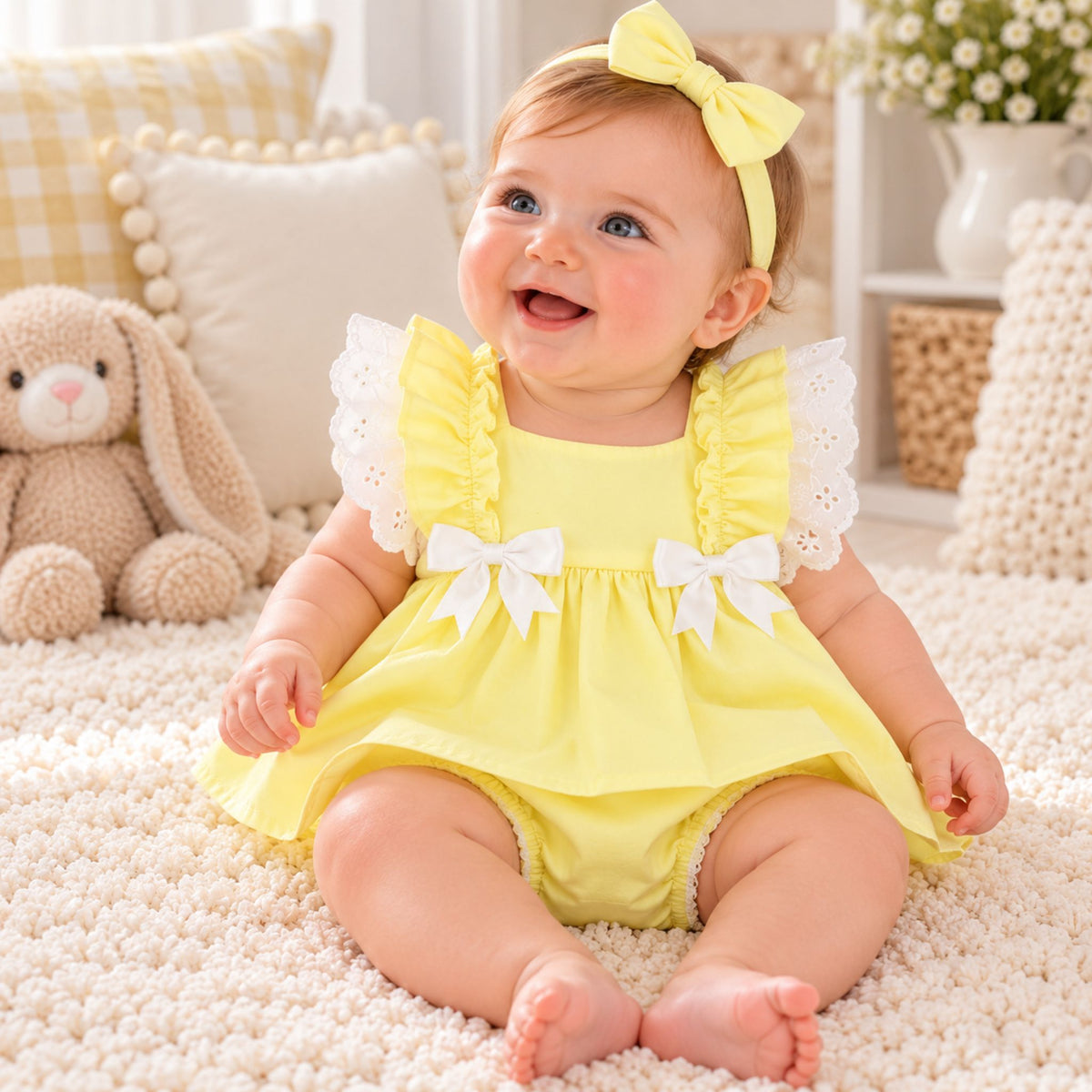 baby girl in lemon dress with bloomers