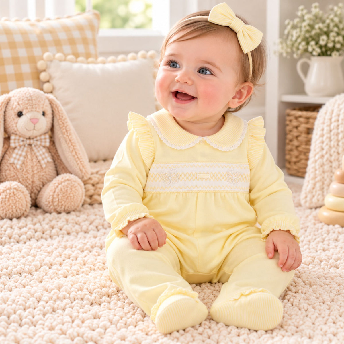 baby girl in lemon sleepsuit by amore