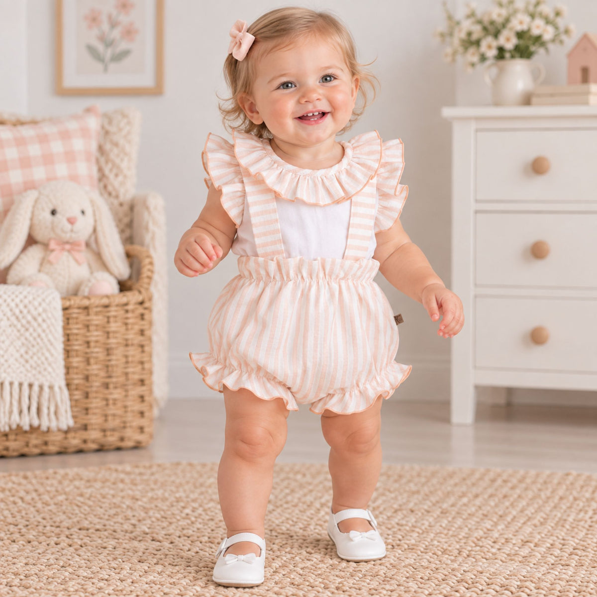 A toddler girl wearing a white and peach striped romper with ruffle details, standing in a bright, cozy nursery setting.